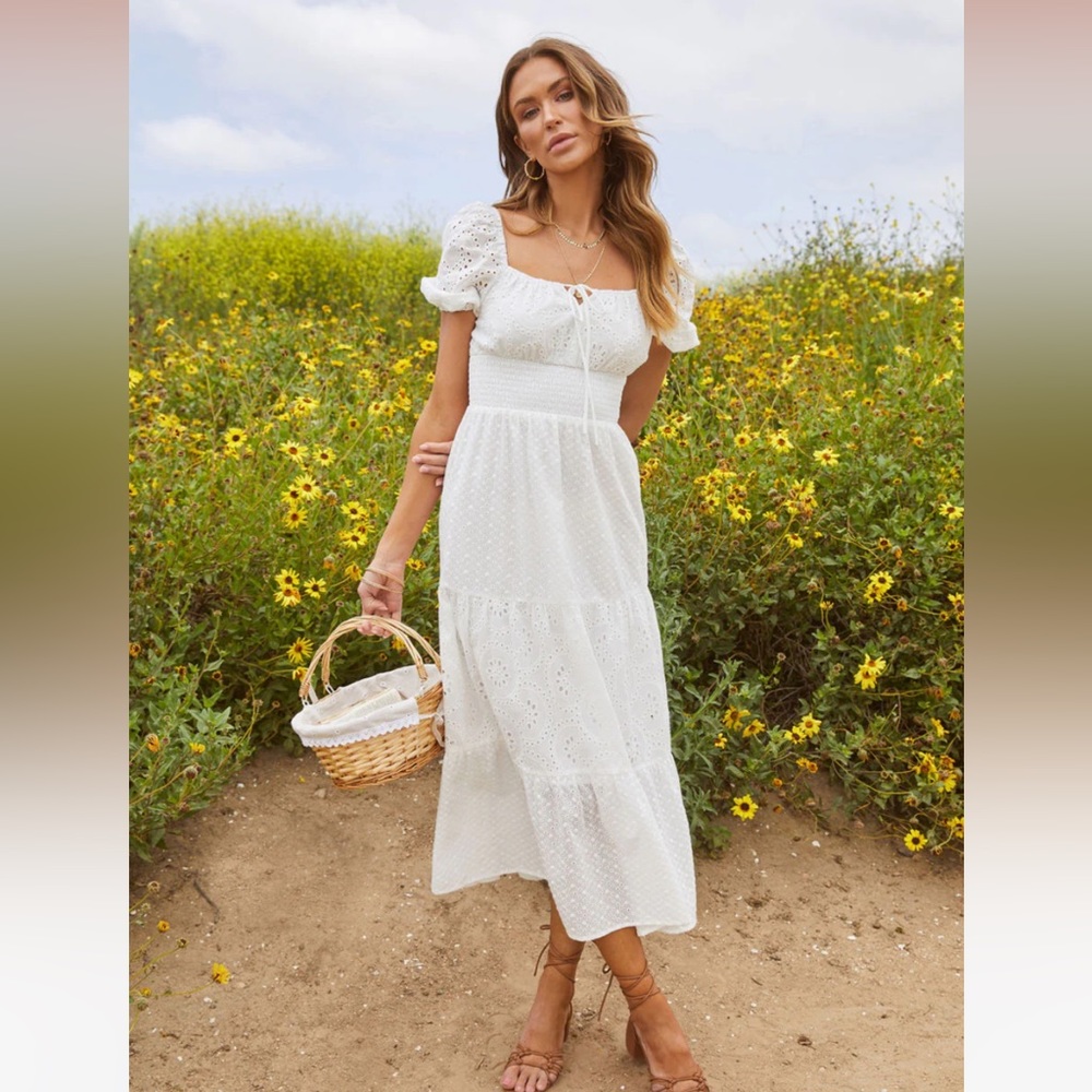 CRUZ COTTON EYELET PUFF SLEEVE MIDI DRESS